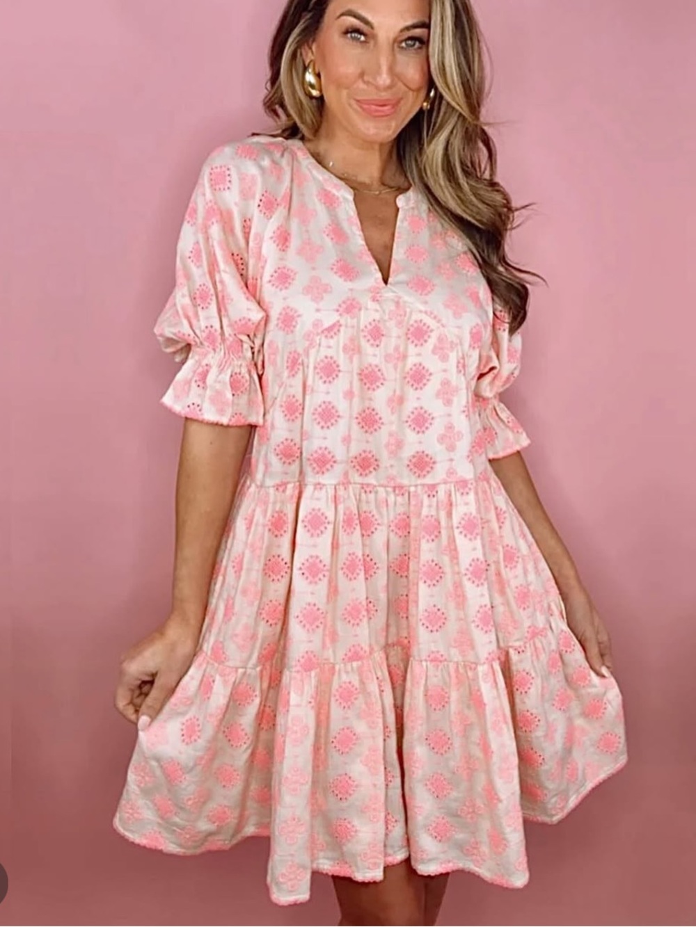 Uncle Frank Neon Pink Eyelet Tiered Mini Dress Medium Rare